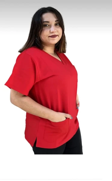Likralı Sade 3 Cepli Hemşire Önlüğü Üstü  Kırmızı