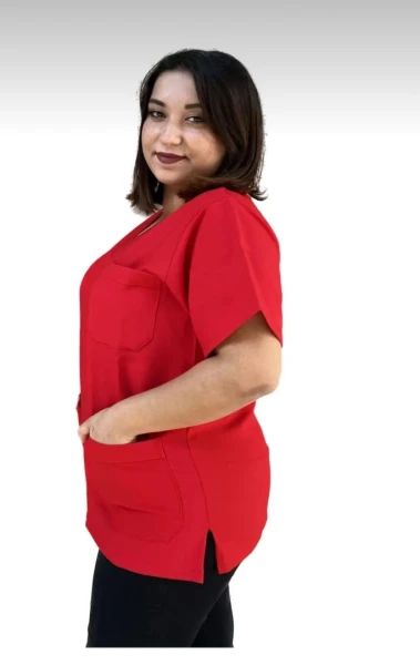 Likralı Sade 3 Cepli Hemşire Önlüğü Üstü  Kırmızı